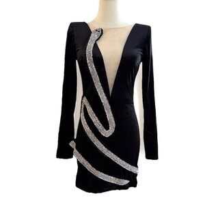 Embellished Black Velvet Bodycon Mini Dress S/M Statement Cocktail Evening Glam